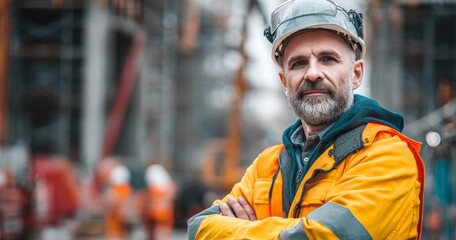 Construction worker in safety gear on site with arms crossed confidently overseeing project; focus on expertise and industrial oversight.