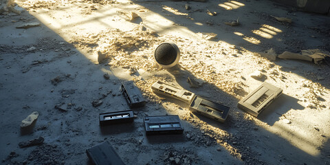Abandoned Vintage Audio Equipment on Cracked Concrete Floor