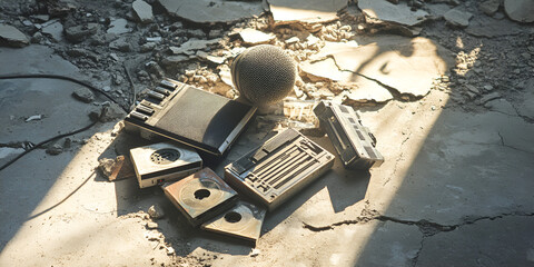 Abandoned Vintage Audio Equipment on Cracked Concrete Floor