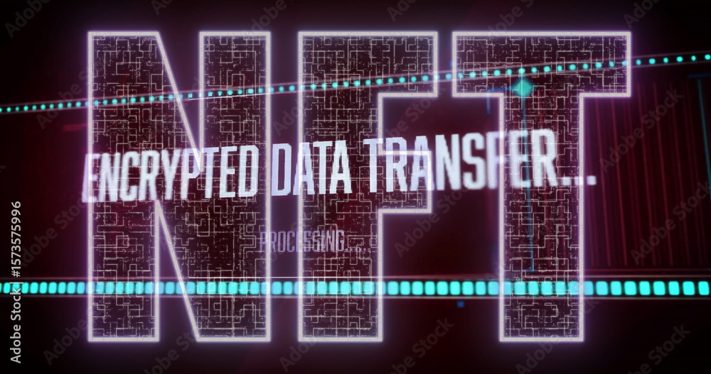 Poster Displaying glowing NFT graphic on interface with turquoise dots, status text showing encrypted data