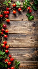 Rustic Arrangement Of Red Rose Hips And Green Leaves On Aged Wooden Surface