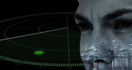 Displaying woman's face with city skyline overlay at radar display, with green blip, copy space