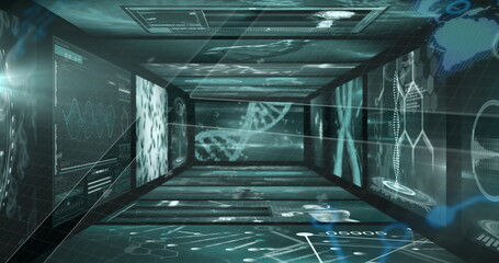 Displaying futuristic data corridor in virtual lab, glowing with holographic DNA models and graphs