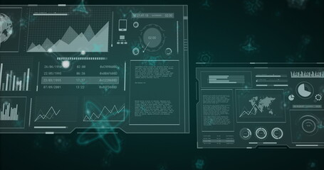 Displaying digital dashboard panels in virtual command center, with bar charts and globe