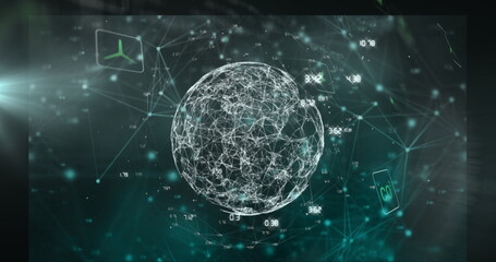Floating 3D wireframe sphere glowing in digital space, with UI panels, airplane icon and CO? data