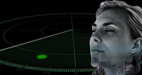 Displaying 3 or 4 woman blending with green radar blip and city skyline at dark void, copy space
