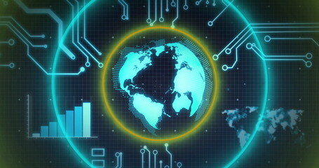 Displaying neon-blue Earth globe on virtual interface, with rings, grid and bar chart