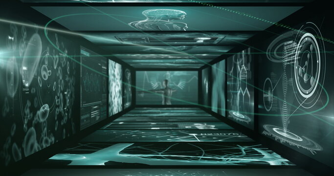 Displaying glowing silhouette engaging with holographic data in research corridor, with DNA helix