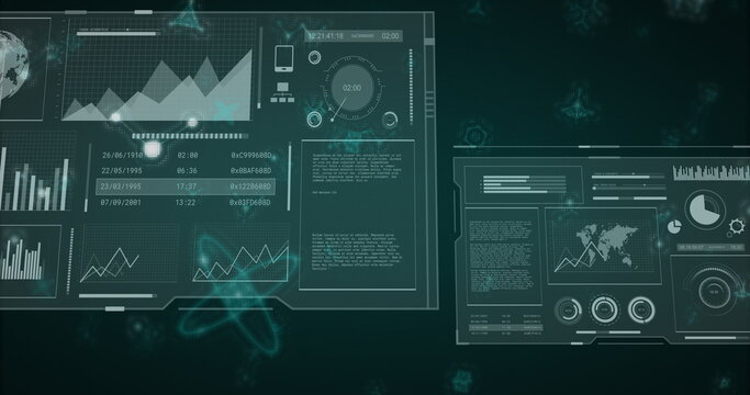 Displaying digital dashboard panels in virtual command center, with bar charts and globe - Powered by Adobe