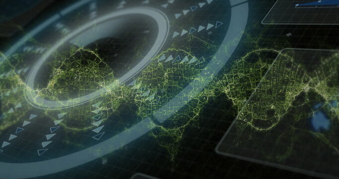 Displaying futuristic HUD element rotating on data screen, with network map and triangular pointers