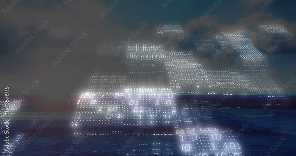 Poster Displaying translucent digital grid panels hovering over open ocean, with glowing binary digits