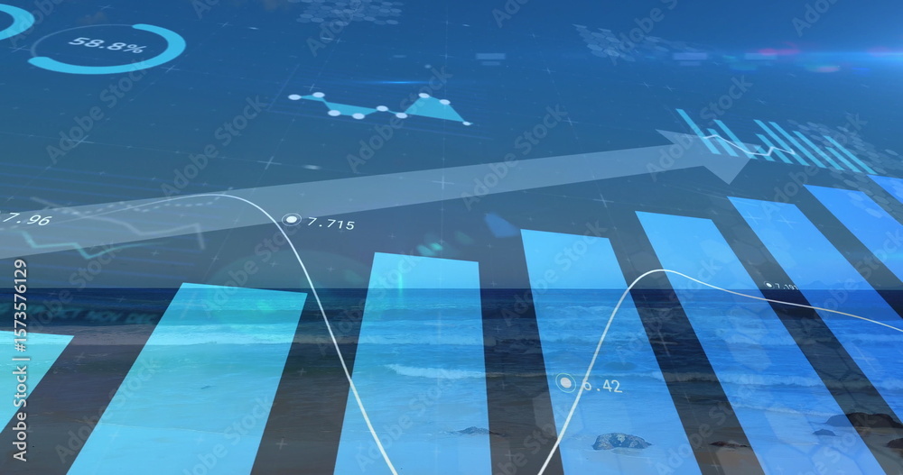 Poster displaying data overlaying ocean, showing bars and line graph, progress circle, arrow