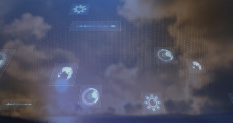 Floating translucent panels displaying tech icons over calm ocean seascape, with dot matrix overlay