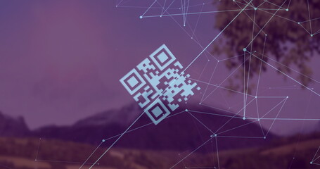 Floating QR code graphic hovering above mountain meadow, with light blue digital network overlay
