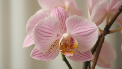 Obraz premium Close-up of a pink Phalaenopsis orchid flower with striped petals