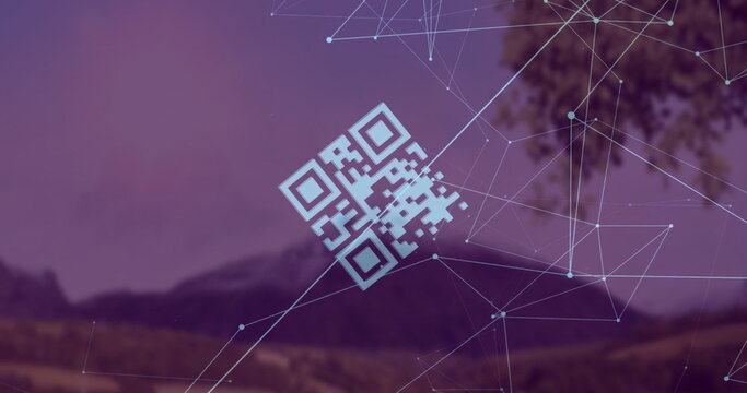 Floating QR code graphic hovering above mountain meadow, with light blue digital network overlay - Powered by Adobe