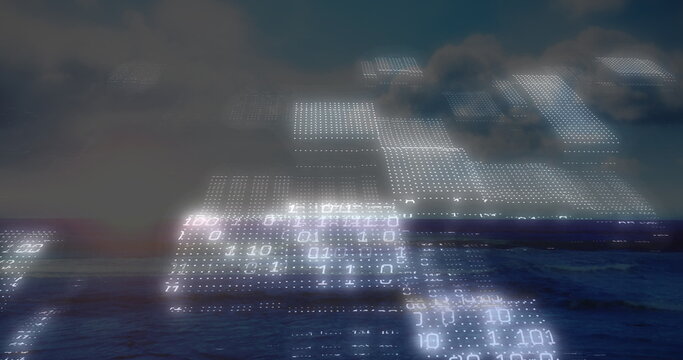 Fototapeta Displaying translucent digital grid panels hovering over open ocean, with glowing binary digits