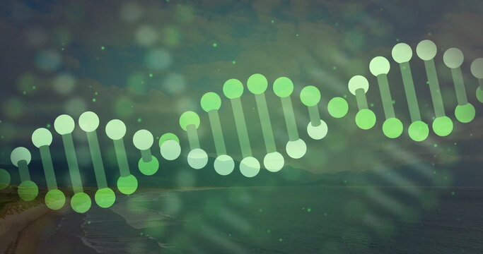 Floating digital DNA double helix hovering above coastal shoreline, blending science with nature