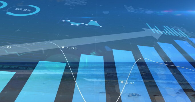 Displaying data overlaying ocean, showing bars and line graph, progress circle, arrow - Powered by Adobe