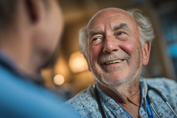 Joyful Elderly Man in Candid Portrait Expressing Happy Conversation and Social Engagement at Home