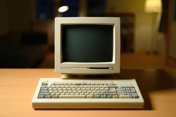 A vintage computer sits elegantly on a wooden desk in a warmly lit room. Its retro design evokes nostalgia for early technology and simpler times.