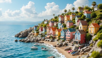 Vibrant Coastal Village Seascape: A Miniature Paradise