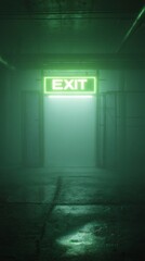 Green neon exit sign in dark corridor indicating direction