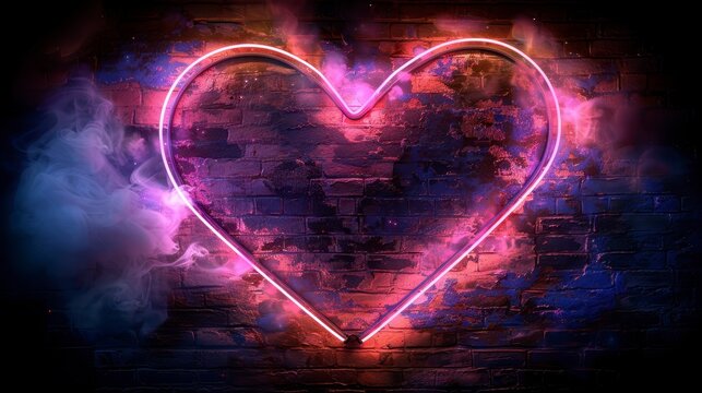 Neon pink heart glows against aged brick with smoky purple aura - Powered by Adobe