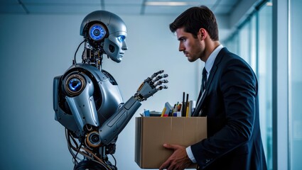 In a modern office a male employee stands with a box of personal belongings engaging with a humanoid robot. The tense moment reflects the changing dynamics in technology careers.