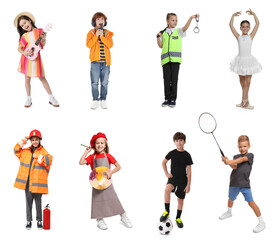 Future profession. Cute children copying people from different occupations on white background