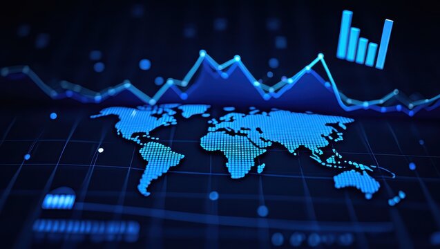 A dynamic representation of a world map overlaid with blue data points showcasing statistical graphs and upward trends. This vibrant illustration captures the essence of data analysis.