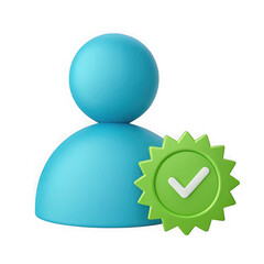 Blue user icon with a green verification badge on a black background rendered in d rendering style on transparent background