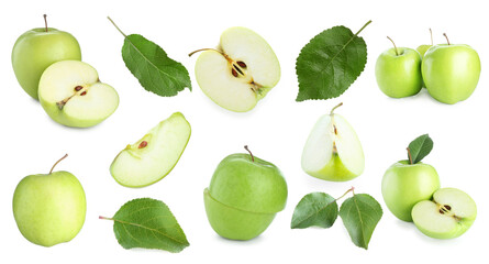 Fresh green apple fruits and leaves isolated on white, collage