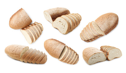 Cut fresh bread isolated on white, collage