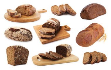 Freshly baked bread on white background, collage