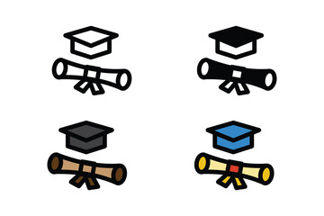 Hat cap graduation icon set elment with 3 different styles, lines, glyphs, colors