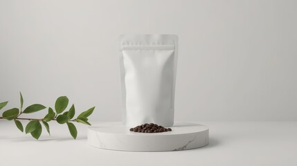 White pouch with coffee beans on a marble podium with green leaves against a white backdrop