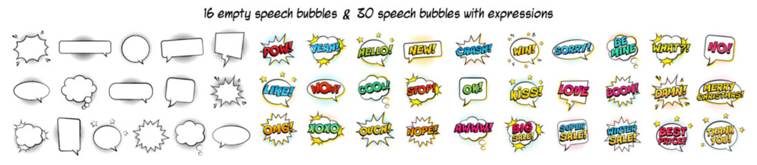 Set of 46 comic-style speech bubbles: 16 empty bubbles and 30 expressive ones with popular words like "WOW", "OMG", "HELLO", "LOVE", "NOPE", "BOOM", and "SALE". Perfect for comic books, pop art design © idris