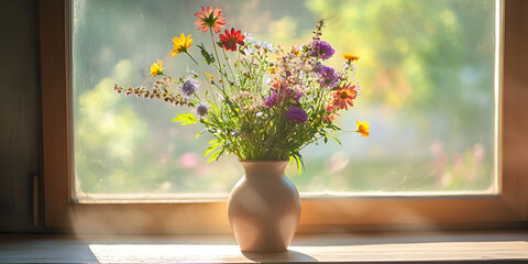 Fototapeta premium Fresh Wildflower Bouquet in Ceramic Vase by Sunny Window