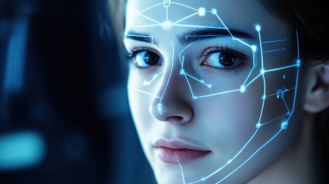 Woman's face with facial recognition technology - Powered by Adobe