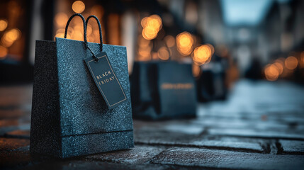Glossy black bags with Black Friday labels, with nice bokeh effect in the background. Generative AI