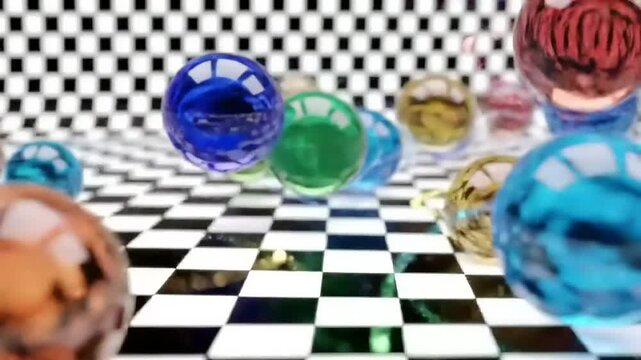 Colorful spheres on checkered floor.