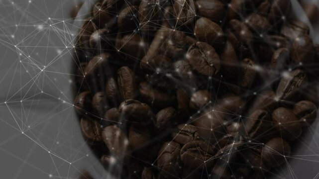 Pouring coffee beans into white cup initiating digital network overlay with pulsing glowing nodes