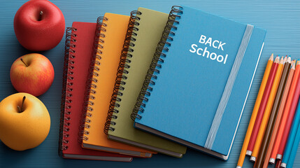 Notebooks and crayons with apples on the side, back to school. Generative AI
