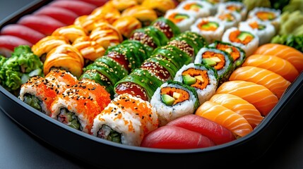 Visually appealing sushi platter featuring an assortment of colorful maki rolls and fresh nigiri