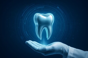 Futuristic dental concept featuring a holographic tooth above a gloved hand with digital elements, symbolizing modern dentistry, oral health technology, innovation, and virtual diagnostics

