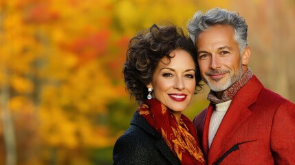 Mature couple enjoys romantic moment together in vibrant autumn park, copy space