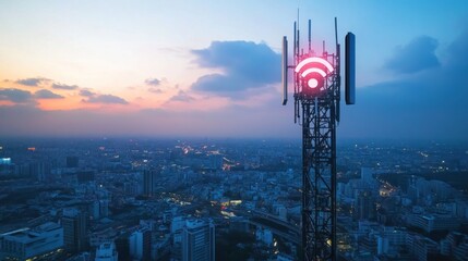 Cityscape with a communication tower at sunset