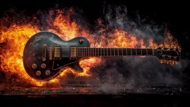 Black electric guitar surrounded by vibrant flames and smoke creates a dramatic and powerful image representing rock and roll music, passion, and energy