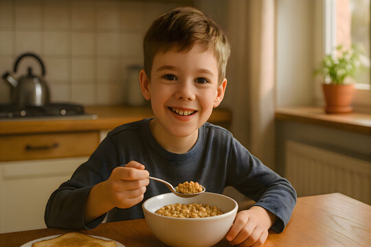 Young boy sitting at a table enjoying breakfast with a bowl of cereal in front of him, natural light coming from the window in a cozy home kitchen